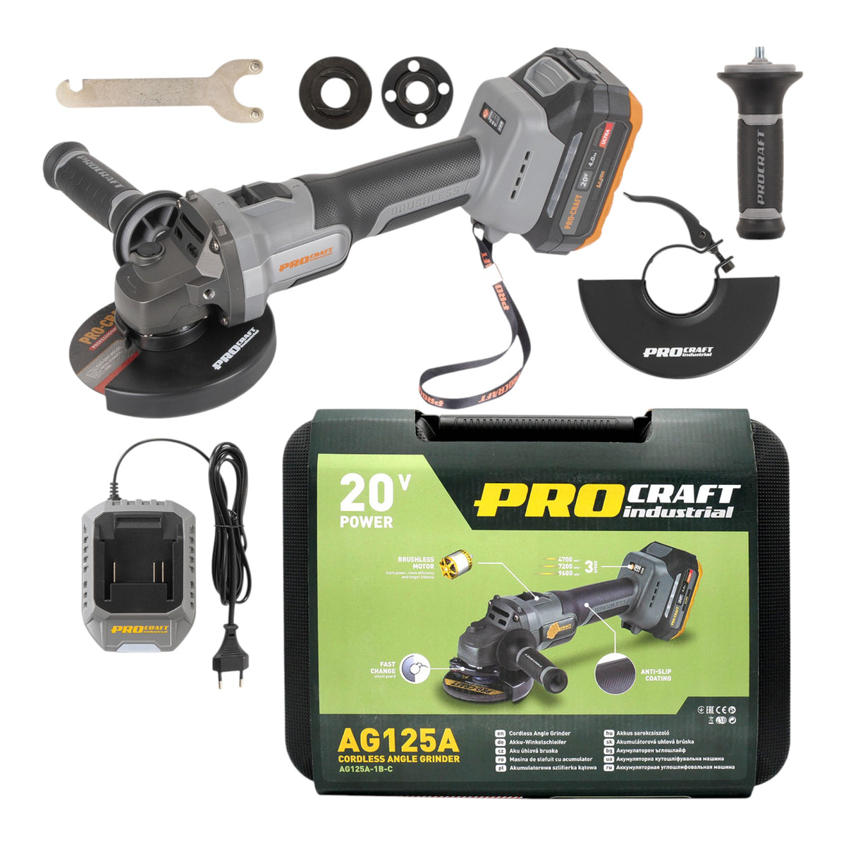 Procraft Industrial AG125A akumulatorowa szlifierka kątowa 20 V 125 mm bezszczotkowa + 1x akumulator 4,0 Ah + ładowarka + walizka