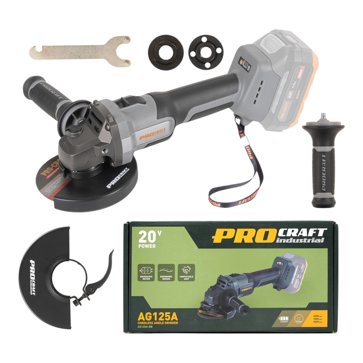 Procraft Industrial AG125Abb Akumulatorowa szlifierka kątowa 20 V 125 mm bezszczotkowa Solo - bez akumulatora, bez ładowarki