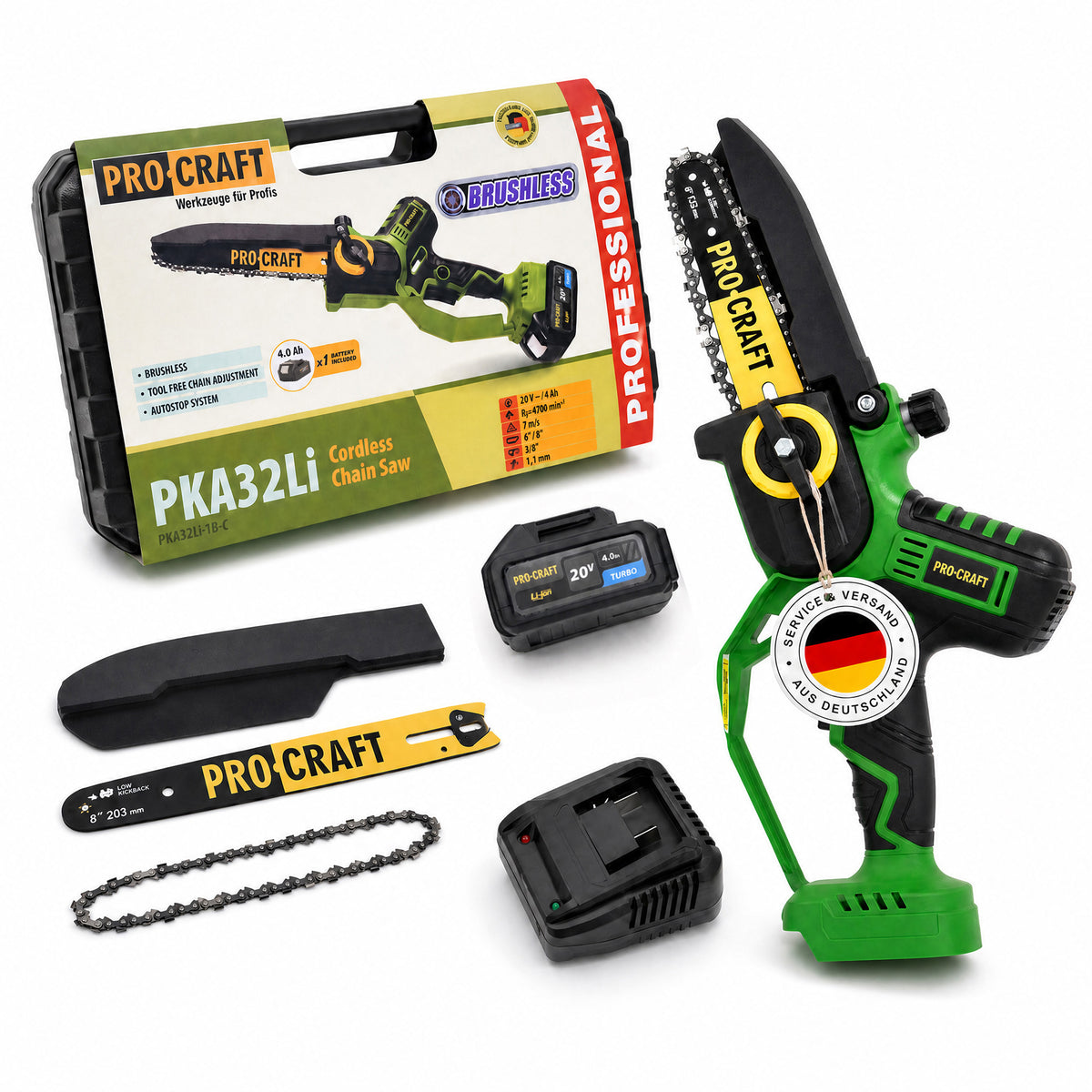 Akumulatorowa pilarka łańcuchowa Procraft PKA32Li 20 V 203 mm bezszczotkowa + 1x akumulator 4,0 Ah + ładowarka + walizka