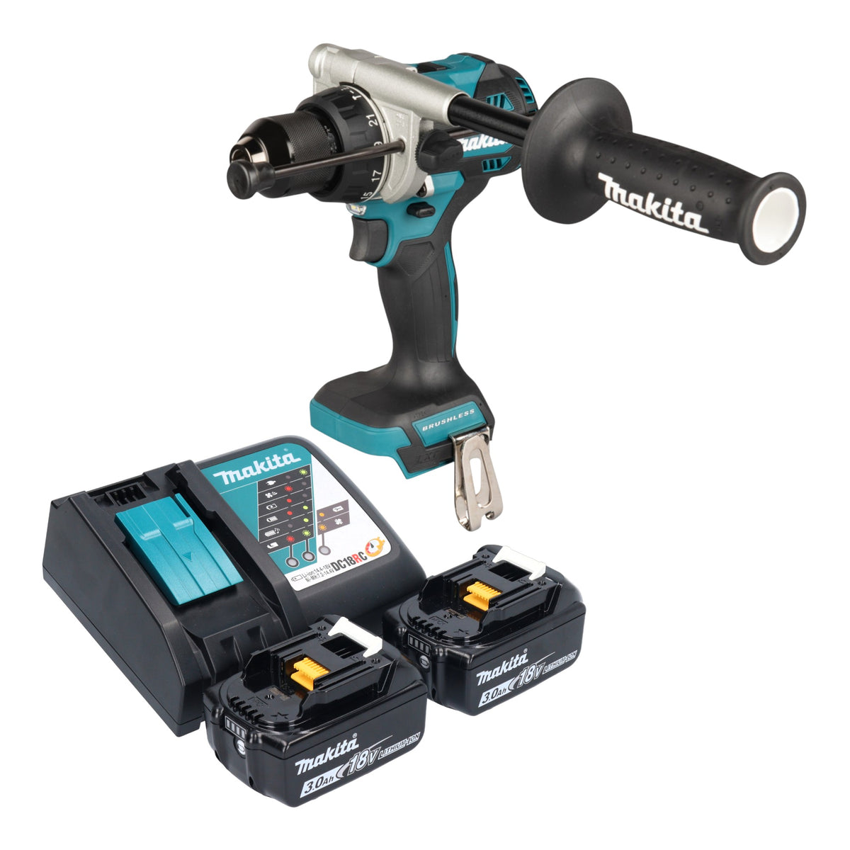 Makita DHP 492 RF akumulatorowa wiertarko-wkrętarka udarowa 18 V 141 Nm bezszczotkowa + 2x akumulator 3,0 Ah + ładowarka