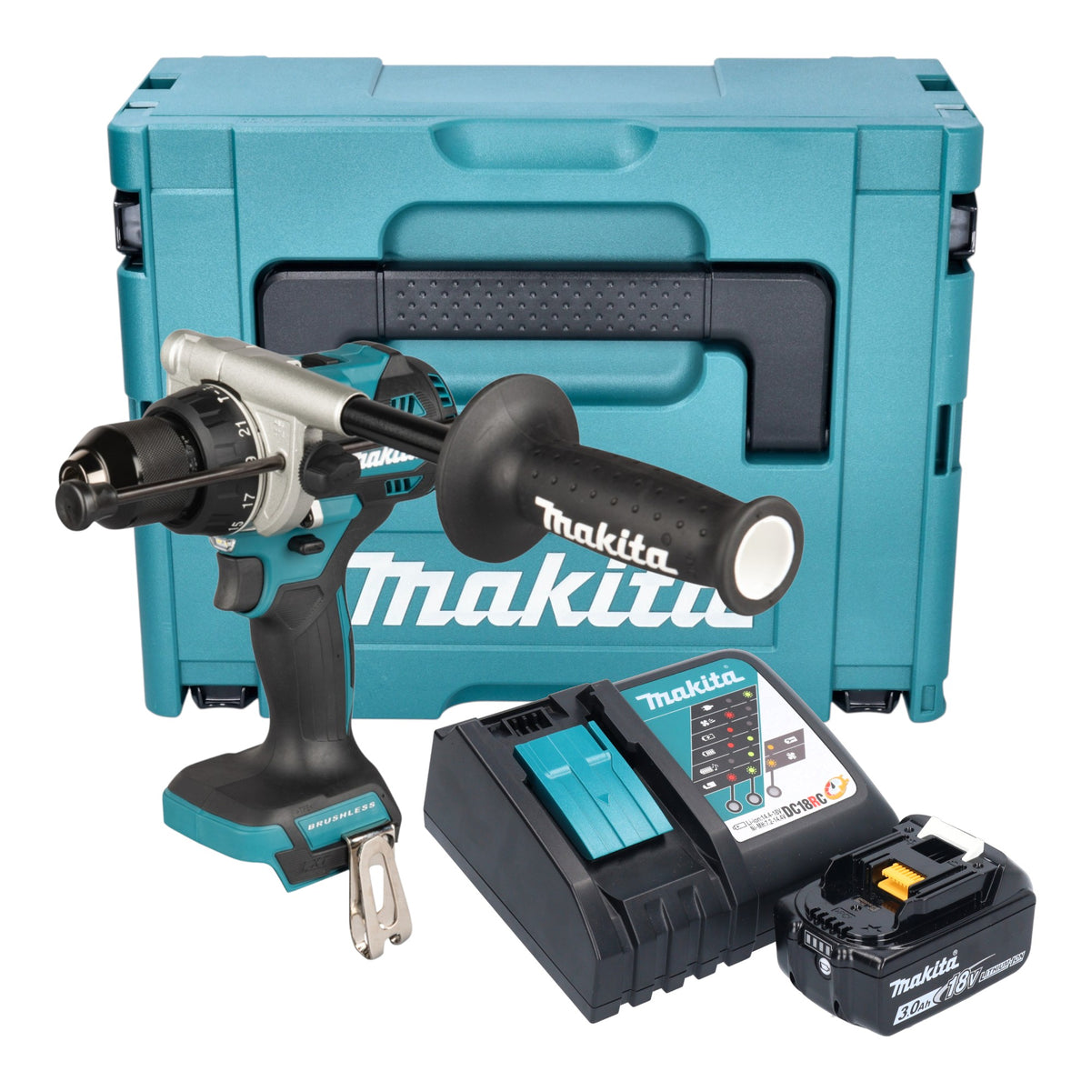Makita DHP 492 RF1J akumulatorowa wiertarko-wkrętarka udarowa 18 V 141 Nm bezszczotkowa + 1x akumulator 3,0 Ah + ładowarka + Makpac