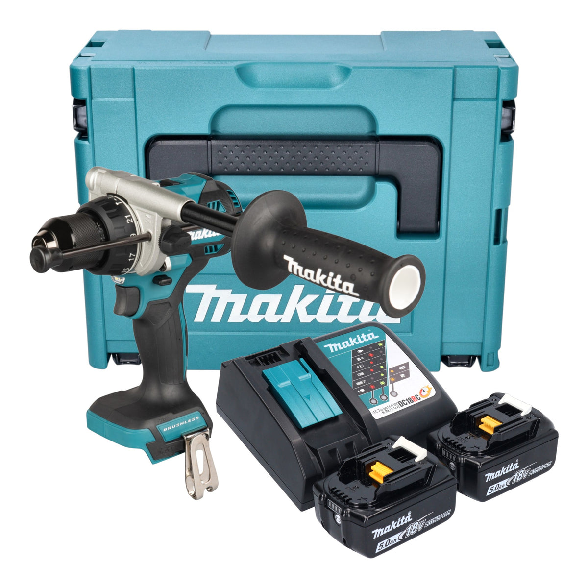 Akumulatorowa wiertarko-wkrętarka udarowa Makita DHP 492 RTJ 18 V 141 Nm bezszczotkowa + 2x akumulator 5,0 Ah + ładowarka + Makpac