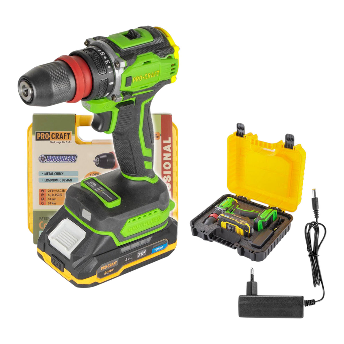 Procraft PA18PRO DFR-1B-C akumulatorowa wiertarko-wkrętarka 20 V 30 Nm bezszczotkowa + 1x akumulator 2,0 Ah + ładowarka + walizka