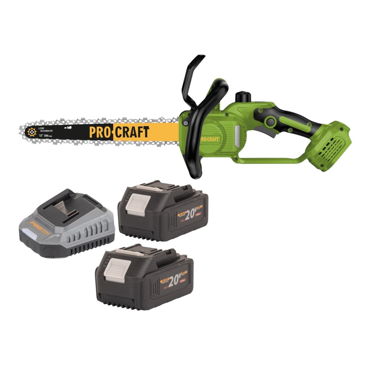 Procraft PKA33-BB akumulatorowa pilarka łańcuchowa 20 V 304 mm bezszczotkowa + 2x akumulator 4,0 Ah + ładowarka