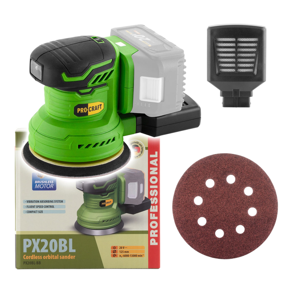 Procraft PX20BLbb akumulatorowa szlifierka mimośrodowa 20 V 125 mm bezszczotkowa solo - bez akumulatora, bez ładowarki