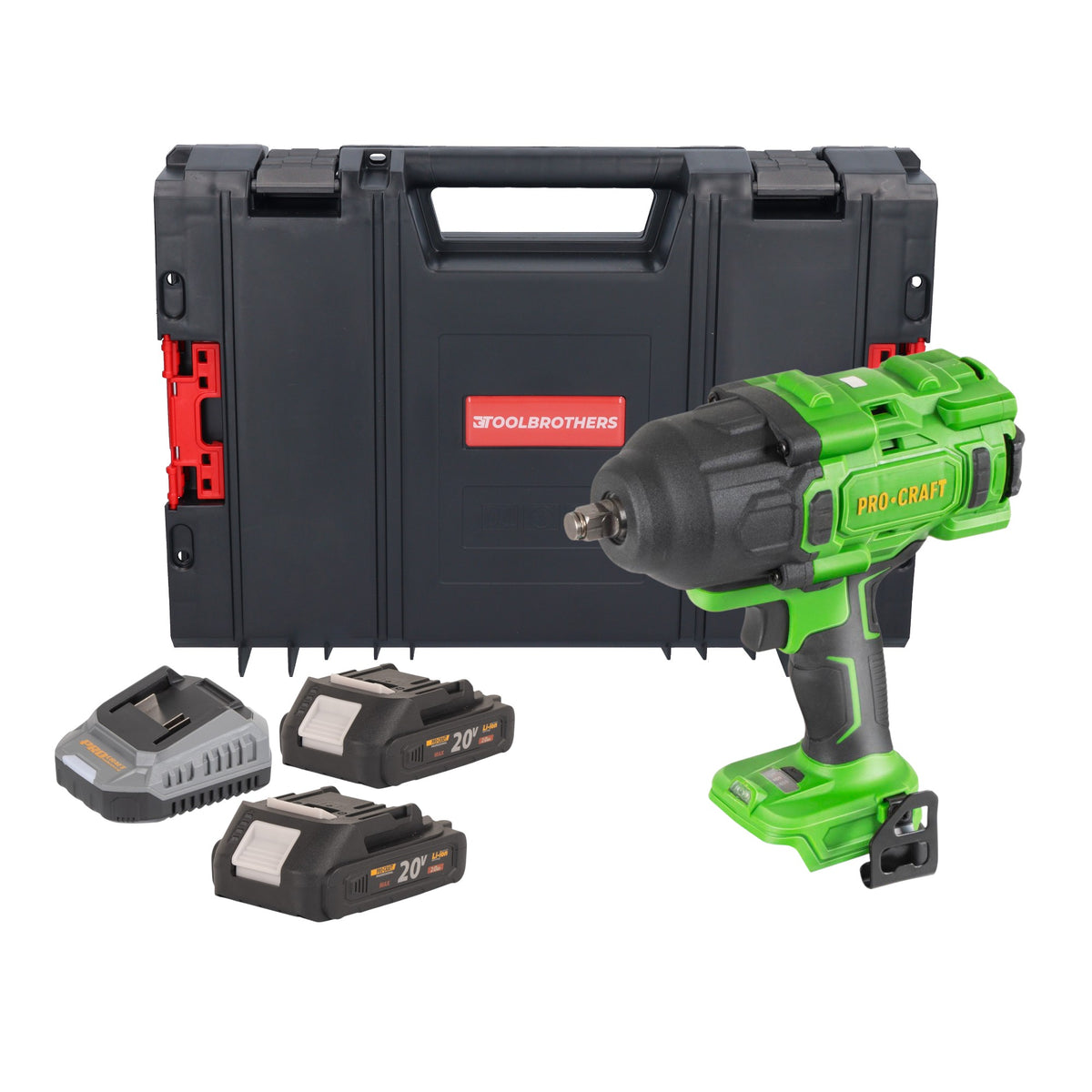 Akumulatorowy klucz udarowy Procraft PWA80bb 20 V 1600 Nm 1/2" bezszczotkowy + 2x akumulator 2,0 Ah + ładowarka + walizka narzędziowa RHINO