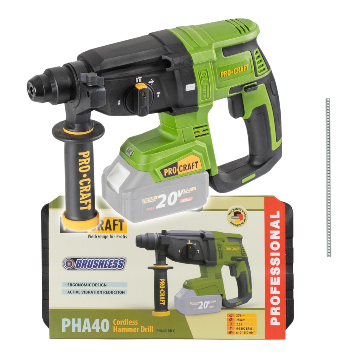 Procraft PHA40bb-c akumulatorowa wiertarko-wkrętarka udarowa 20 V 2,6 J SDS plus Brushless + walizka - bez akumulatora, bez ładowarki