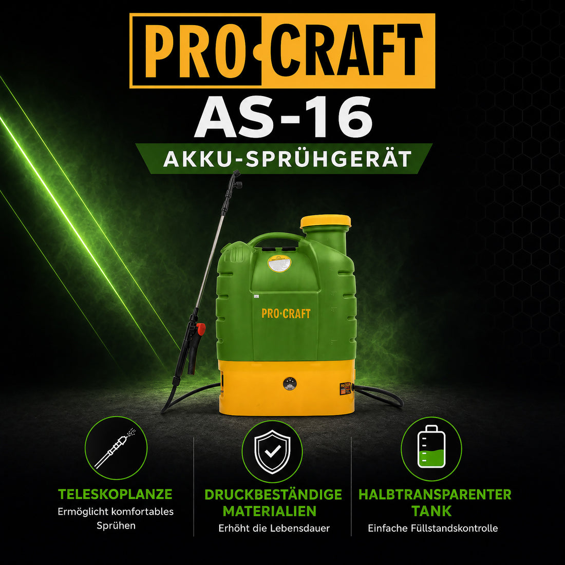 Opryskiwacz akumulatorowy Procraft AS-16 12 V 16 l 5,5 bar + zintegrowany akumulator 8,0 Ah + ładowarka