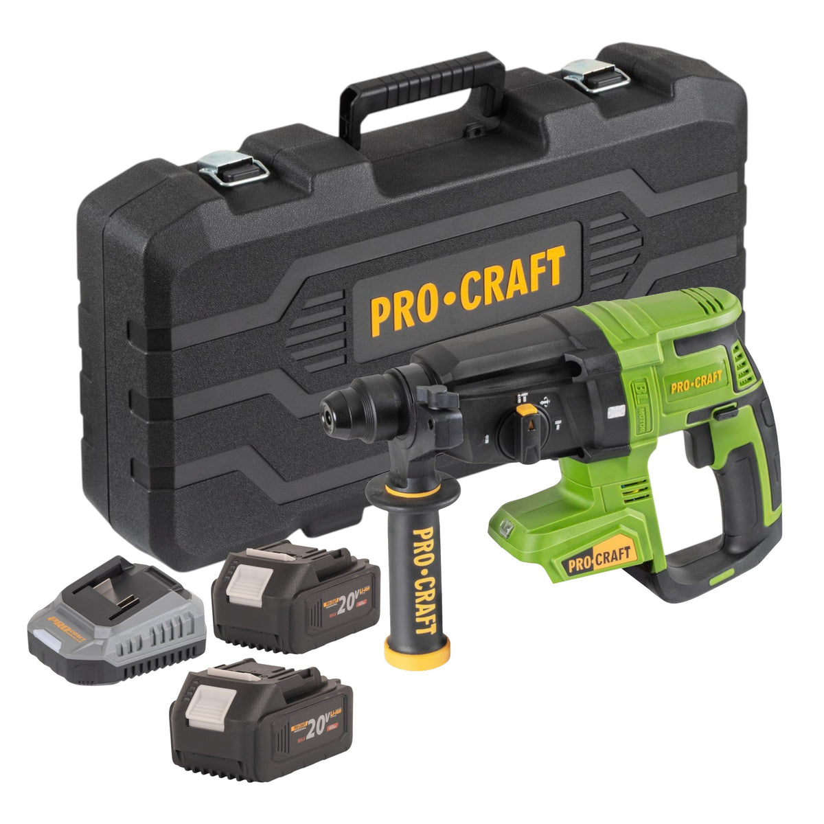 Procraft PHA40bb-c akumulatorowa wiertarko-wkrętarka 20 V 2,6 J SDS plus Brushless + 2x akumulator 4,0 Ah + ładowarka + walizka