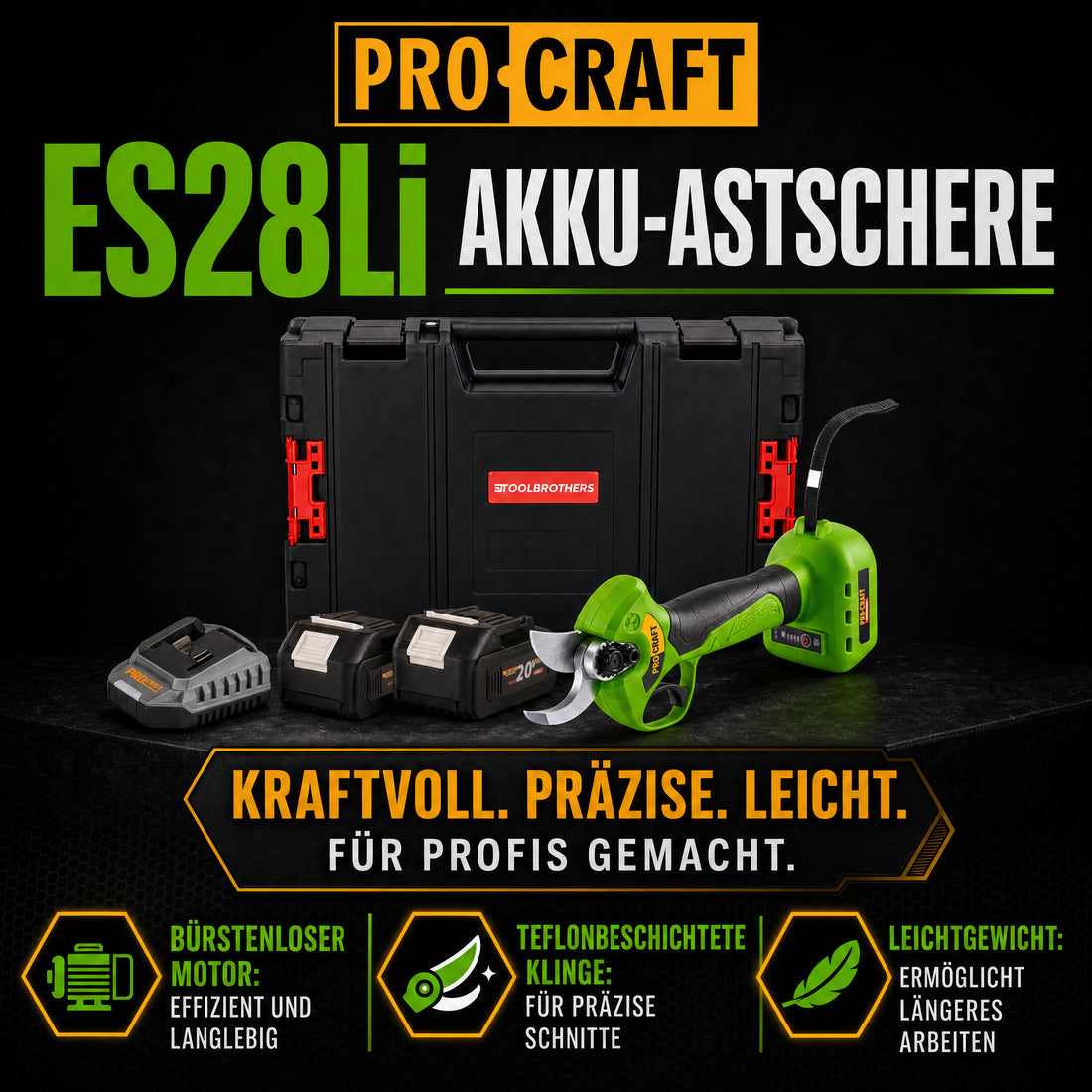 Sekator akumulatorowy Procraft ES28Li bb 20 V 25 mm + 2x akumulator 4,0 Ah + ładowarka + walizka narzędziowa RHINO