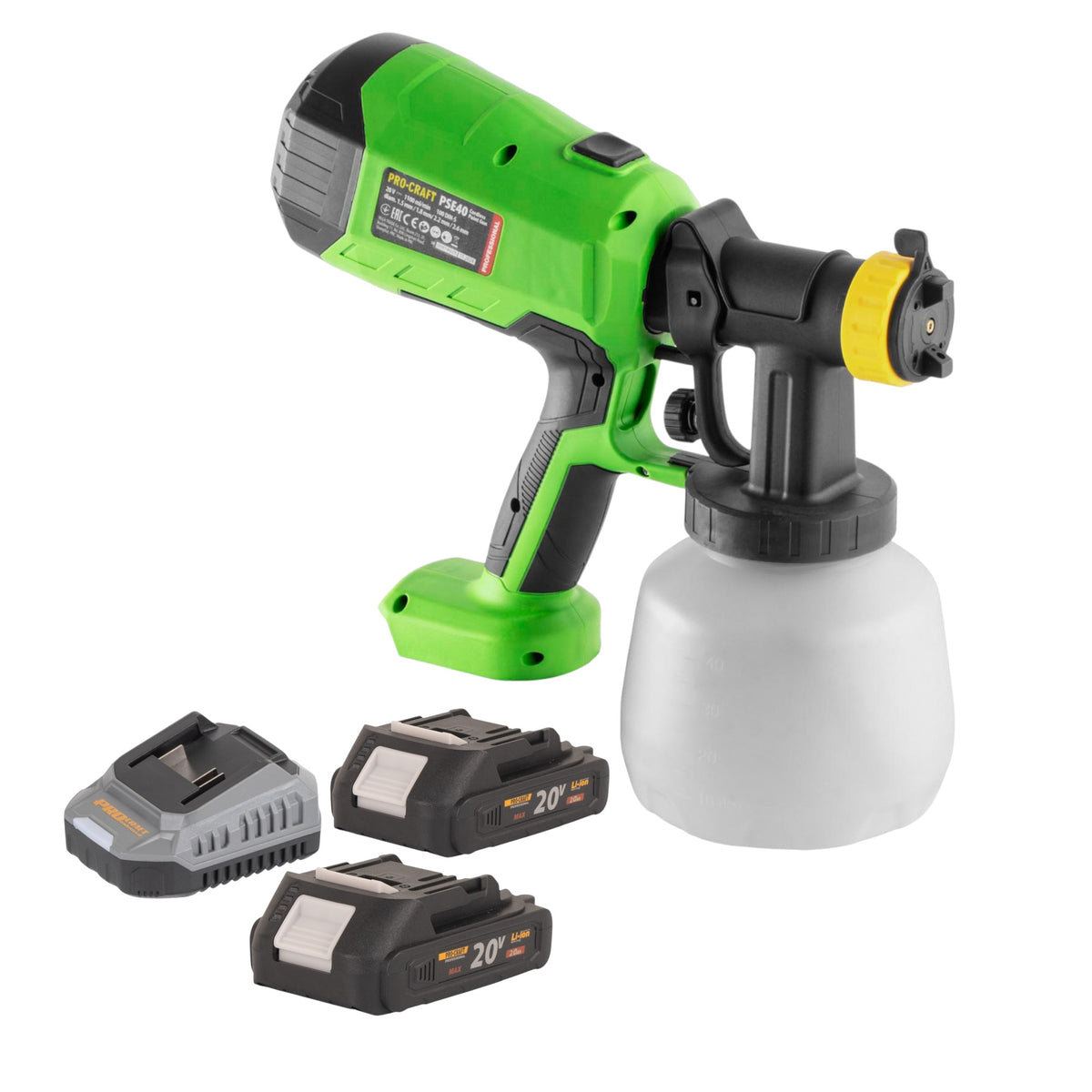 Akumulatorowy pistolet natryskowy Procraft PSE40bb 20 V + 2x akumulator 2,0 Ah + ładowarka