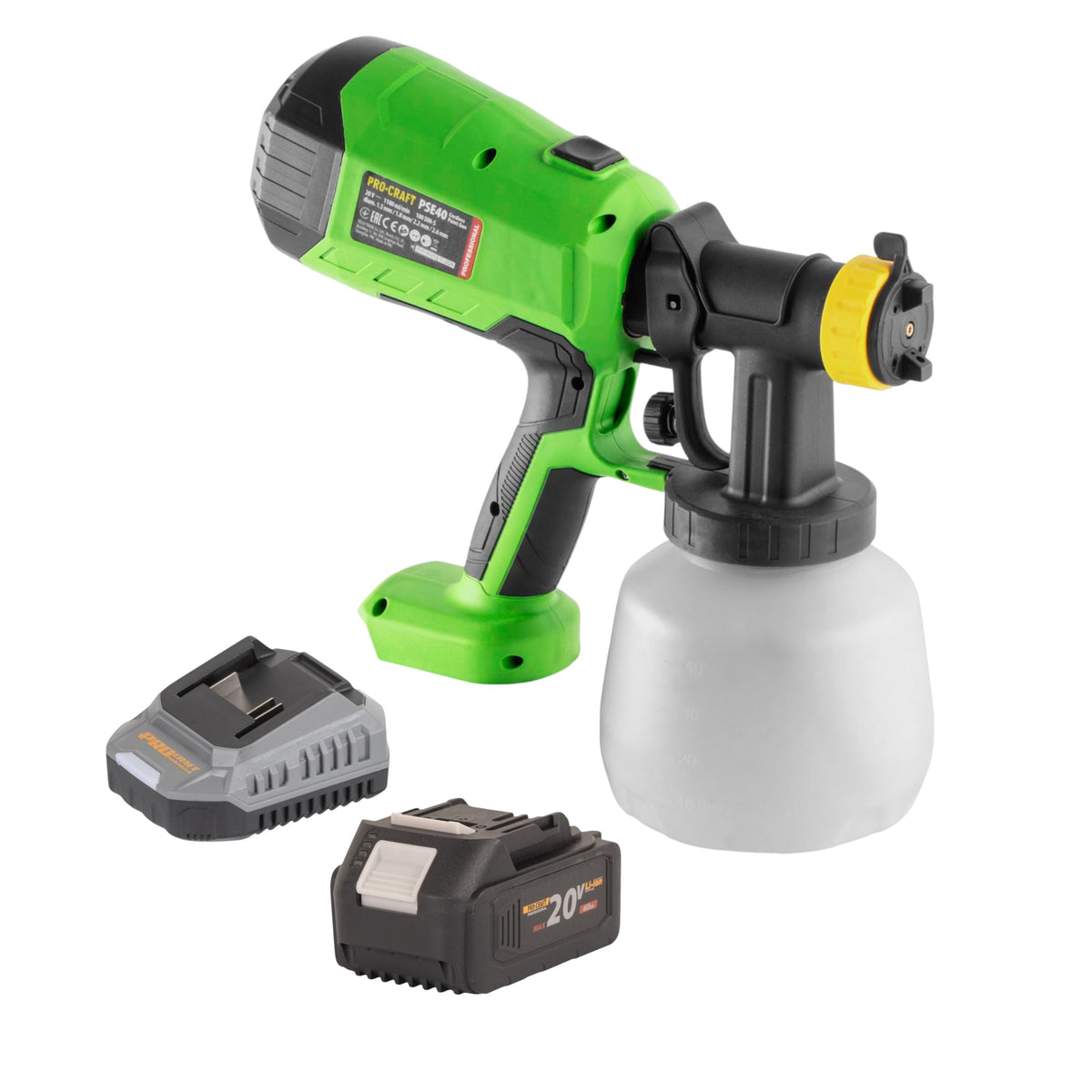Akumulatorowy pistolet lakierniczy Procraft PSE40bb 20 V + 1x akumulator 4,0 Ah + ładowarka