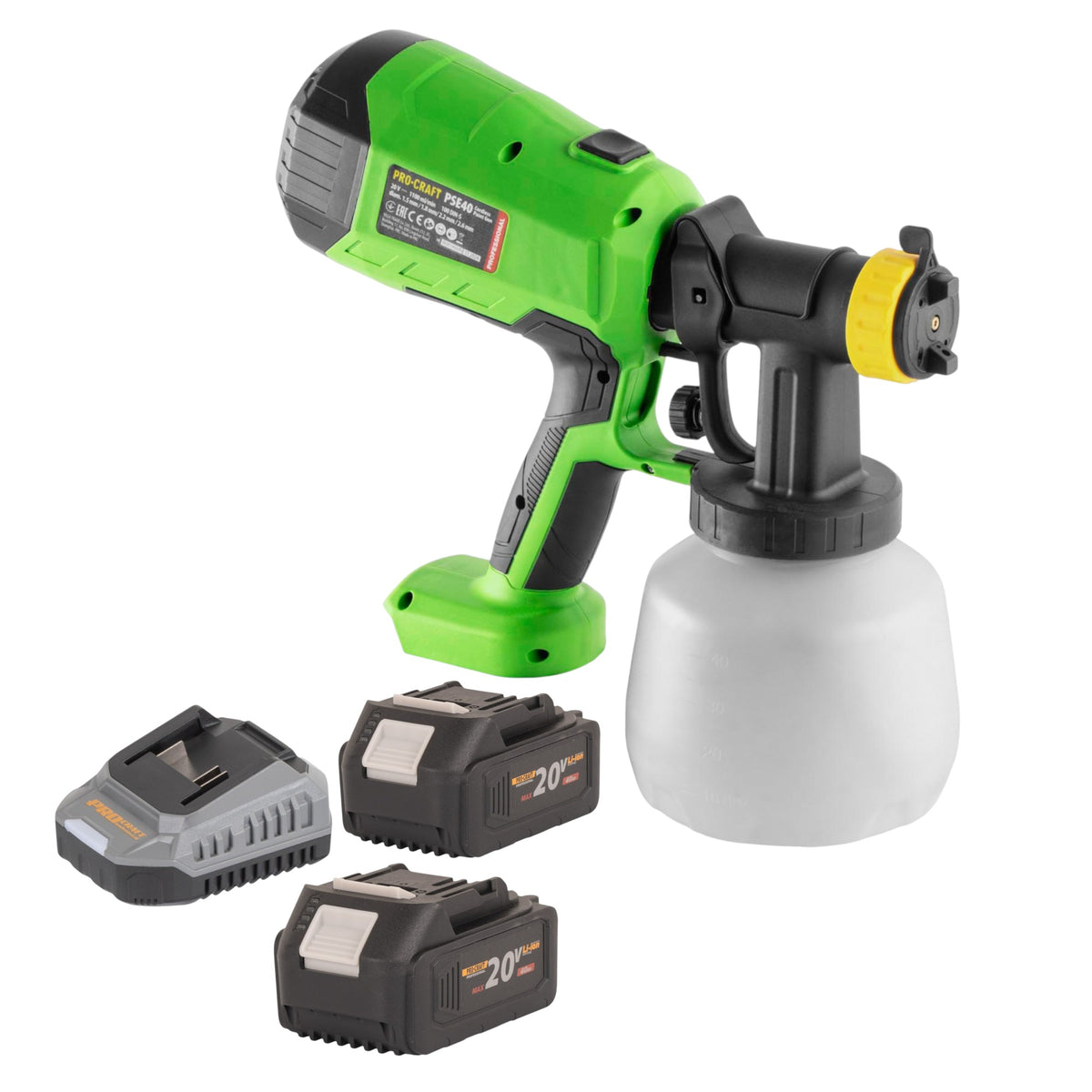 Akumulatorowy pistolet natryskowy Procraft PSE40bb 20 V + 2x akumulator 4,0 Ah + ładowarka