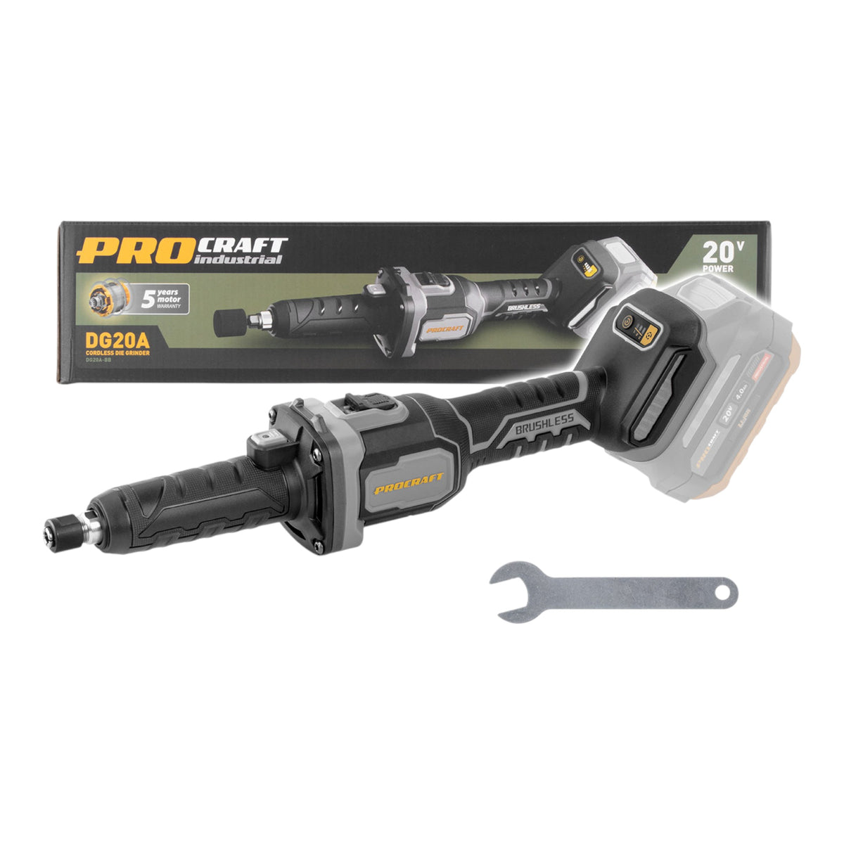 Procraft Industrial DG20A-BB akumulatorowa szlifierka prosta 20 V 6 mm bezszczotkowa solo - bez akumulatora, bez ładowarki
