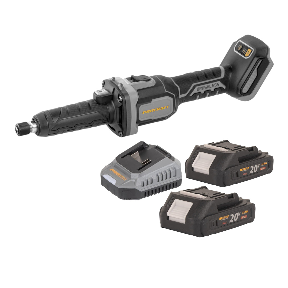 Procraft Industrial DG20A-BB akumulatorowa szlifierka prosta 20 V 6 mm bezszczotkowa + 2x akumulator 2,0 Ah + ładowarka