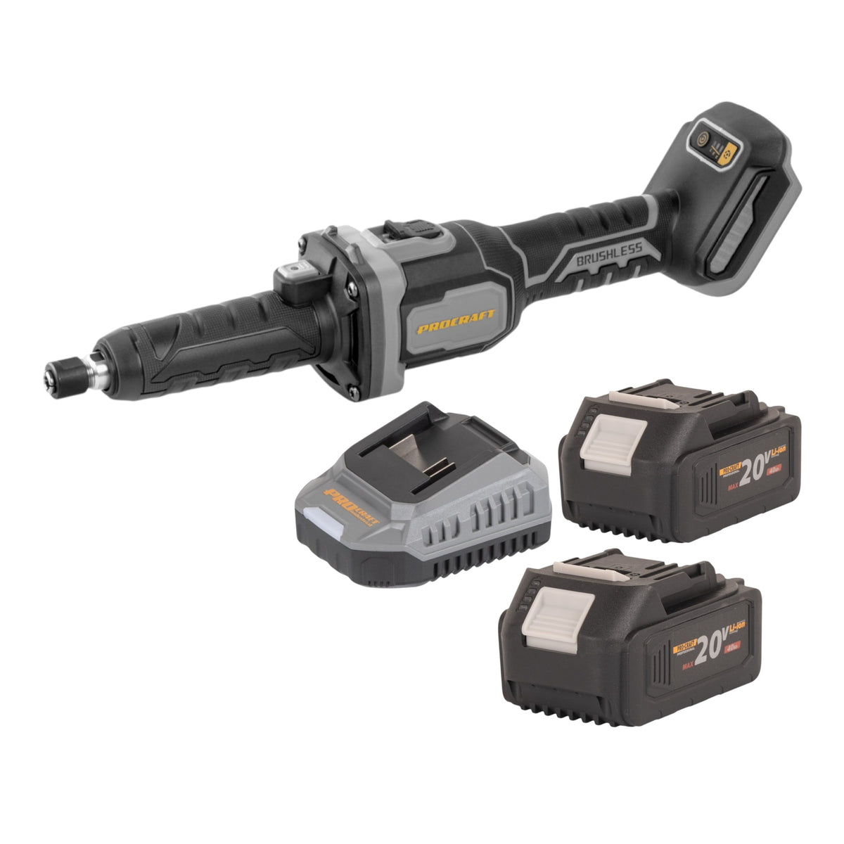 Procraft Industrial DG20A-BB akumulatorowa szlifierka prosta 20 V 6 mm bezszczotkowa + 2x akumulator 4,0 Ah + ładowarka