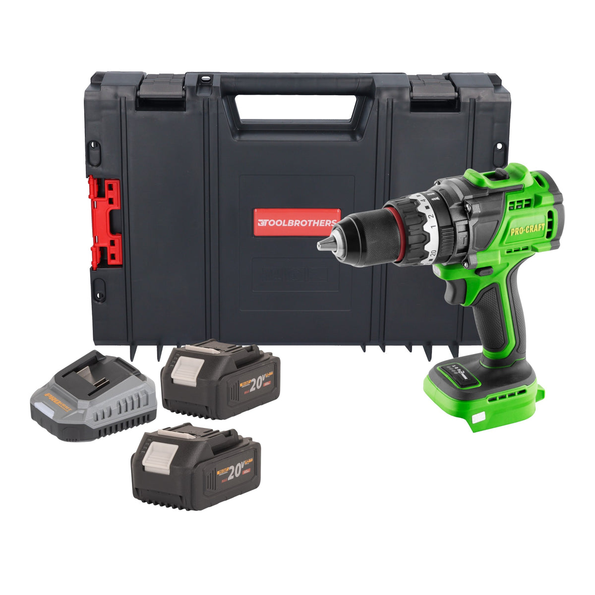 Procraft PA18ProBL-BB akumulatorowa wiertarko-wkrętarka udarowa 20 V 180 Nm bezszczotkowa + 2x akumulator 4,0 Ah + ładowarka + walizka narzędziowa RHINO