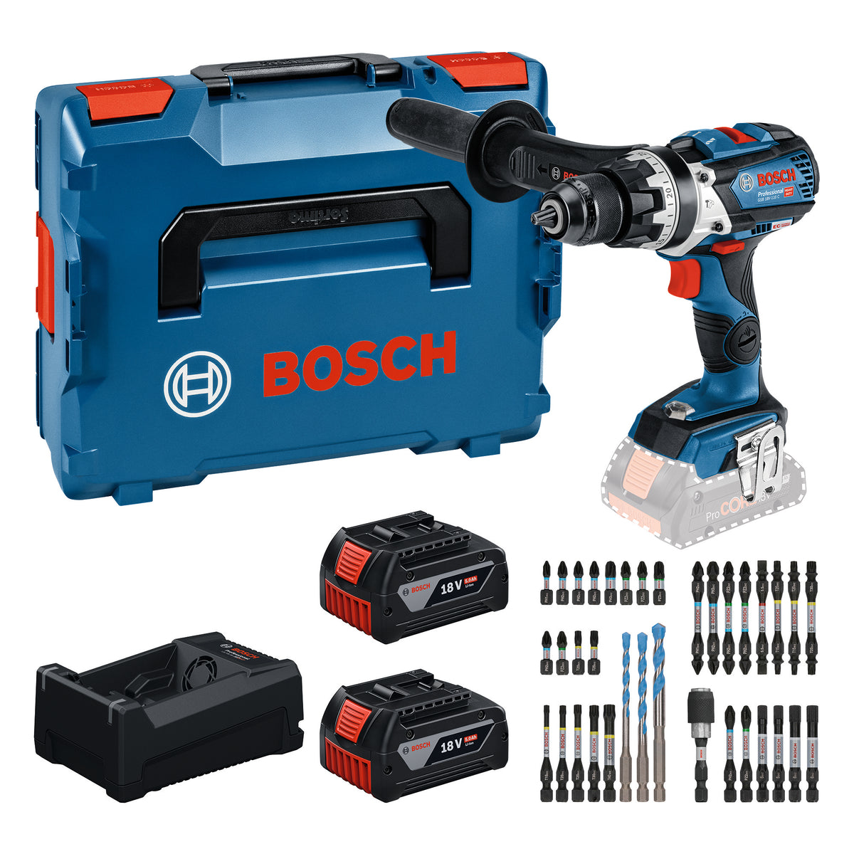 Bosch GSB 18V-110 C Professional Akumulatorowa wiertarko-wkrętarka udarowa 18 V 110 Nm ( 0615A500E0 ) Bezszczotkowa + 2x akumulator 5,0 Ah + ładowarka + 35-częściowy zestaw bitów + L-Boxx