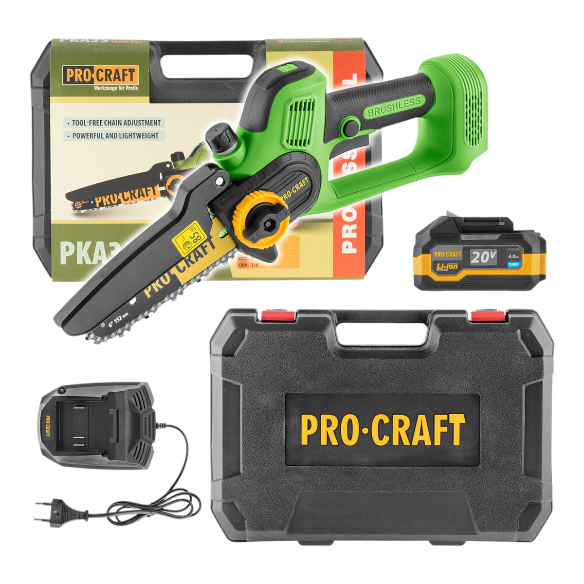 Procraft PKA35 Akumulatorowa piła łańcuchowa do gałęzi 20 V 152 mm bezszczotkowa + 1x akumulator 4,0 Ah + ładowarka + walizka
