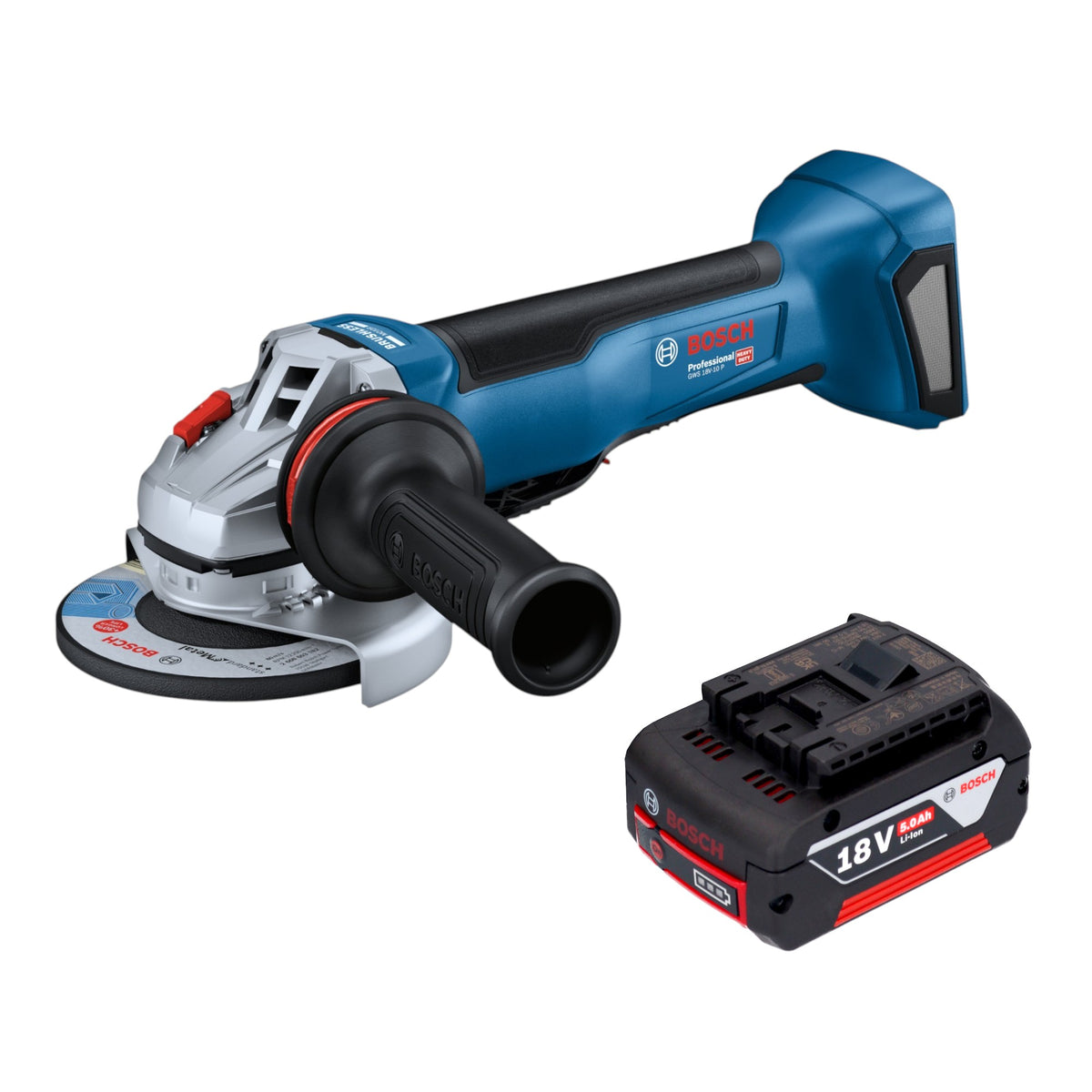 Bosch GWS 18V-10 P Professional Akumulatorowa szlifierka kątowa 18 V 125 mm bezszczotkowa + 1x akumulator 5,0 Ah – bez ładowarki