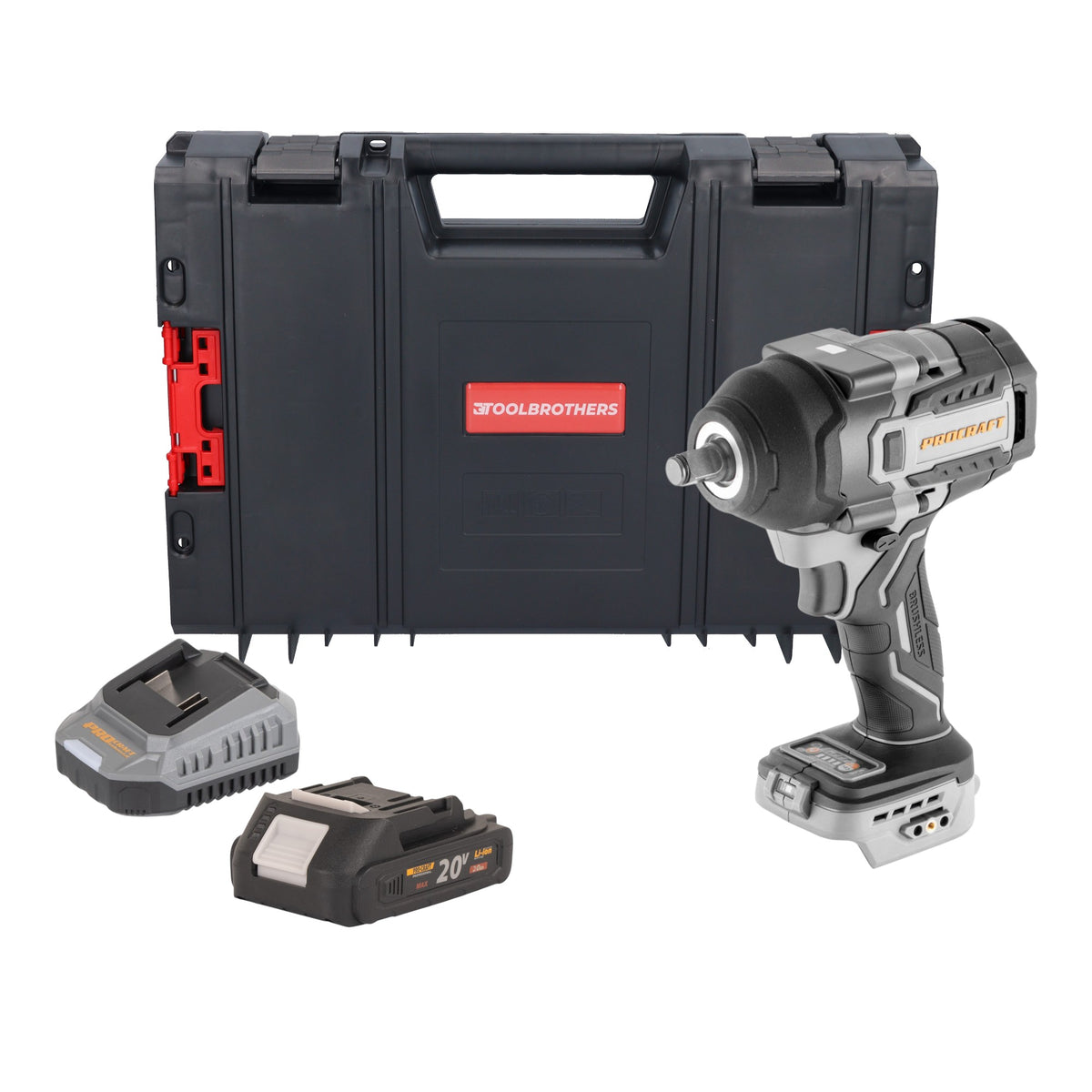 Wkrętarka udarowa akumulatorowa ProCraft Industrial IW850A-BB 20 V 850 Nm 1/2" bezszczotkowa + 1x akumulator 2,0 Ah + ładowarka + walizka narzędziowa RHINO