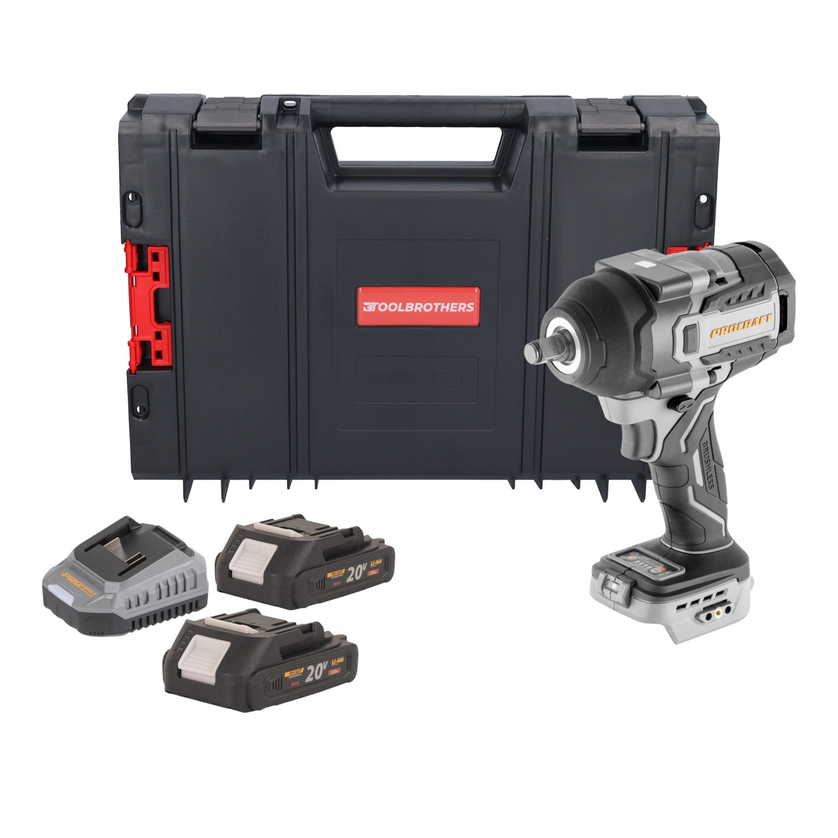 Wkrętarka udarowa akumulatorowa ProCraft Industrial IW850A-BB 20 V 850 Nm 1/2" bezszczotkowa + 2x akumulator 2,0 Ah + ładowarka + walizka narzędziowa RHINO