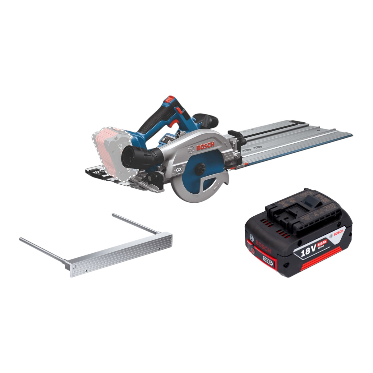 Akumulatorowa piła tarczowa Bosch GKS 18V-57-2 GX Professional 18 V 165 mm bezszczotkowa + 1x akumulator 5,0 Ah + prowadnica do cięcia pod kątem – bez ładowarki