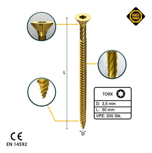 FORTE Tools Uniwersalny wkręt do drewna 3,5 x 50 mm T15 200 szt. ( 000051399471 ) ocynkowany na żółto z łbem stożkowym Torx z pełnym gwintem