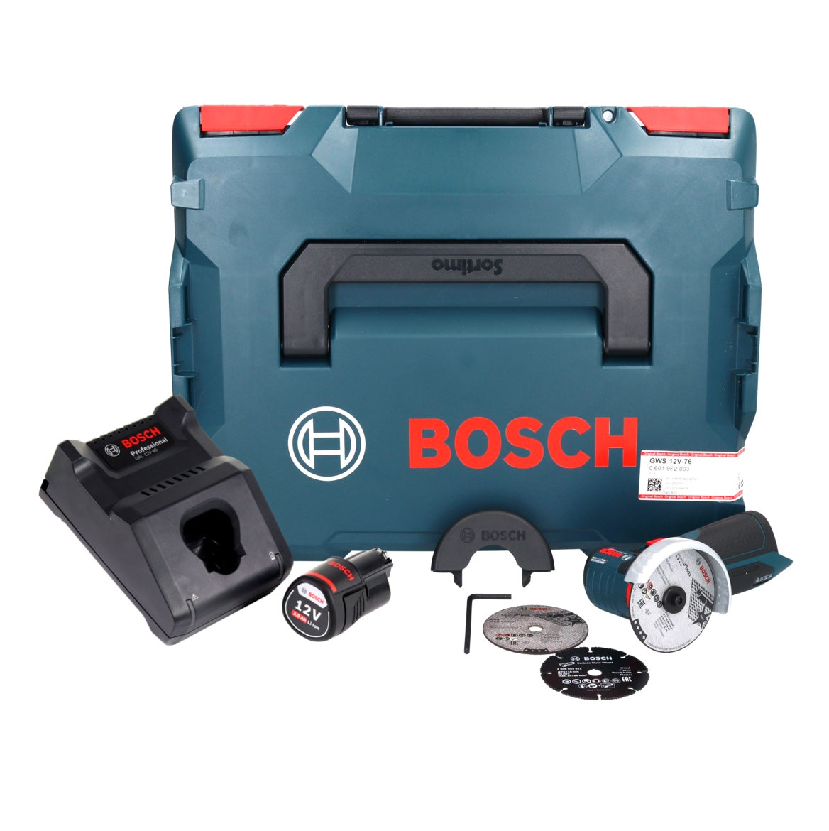 Bosch GWS 12V-76 Profesjonalna akumulatorowa szlifierka kątowa 12 V 76 mm bezszczotkowa + 1x akumulator 3,0 Ah + ładowarka + L-Boxx