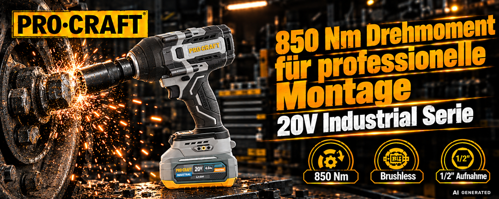 Wkrętarka udarowa akumulatorowa ProCraft Industrial IW850A-BB 20 V, 850 Nm, 1/2", bezszczotkowa + 1x akumulator 4,0 Ah + ładowarka