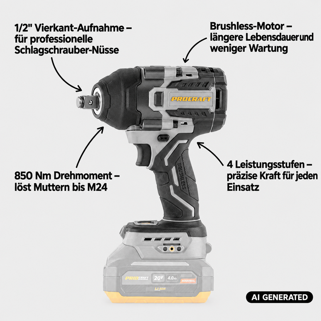 Wkrętarka udarowa akumulatorowa ProCraft Industrial IW850A-BB 20 V, 850 Nm, 1/2", bezszczotkowa + 1x akumulator 4,0 Ah + ładowarka