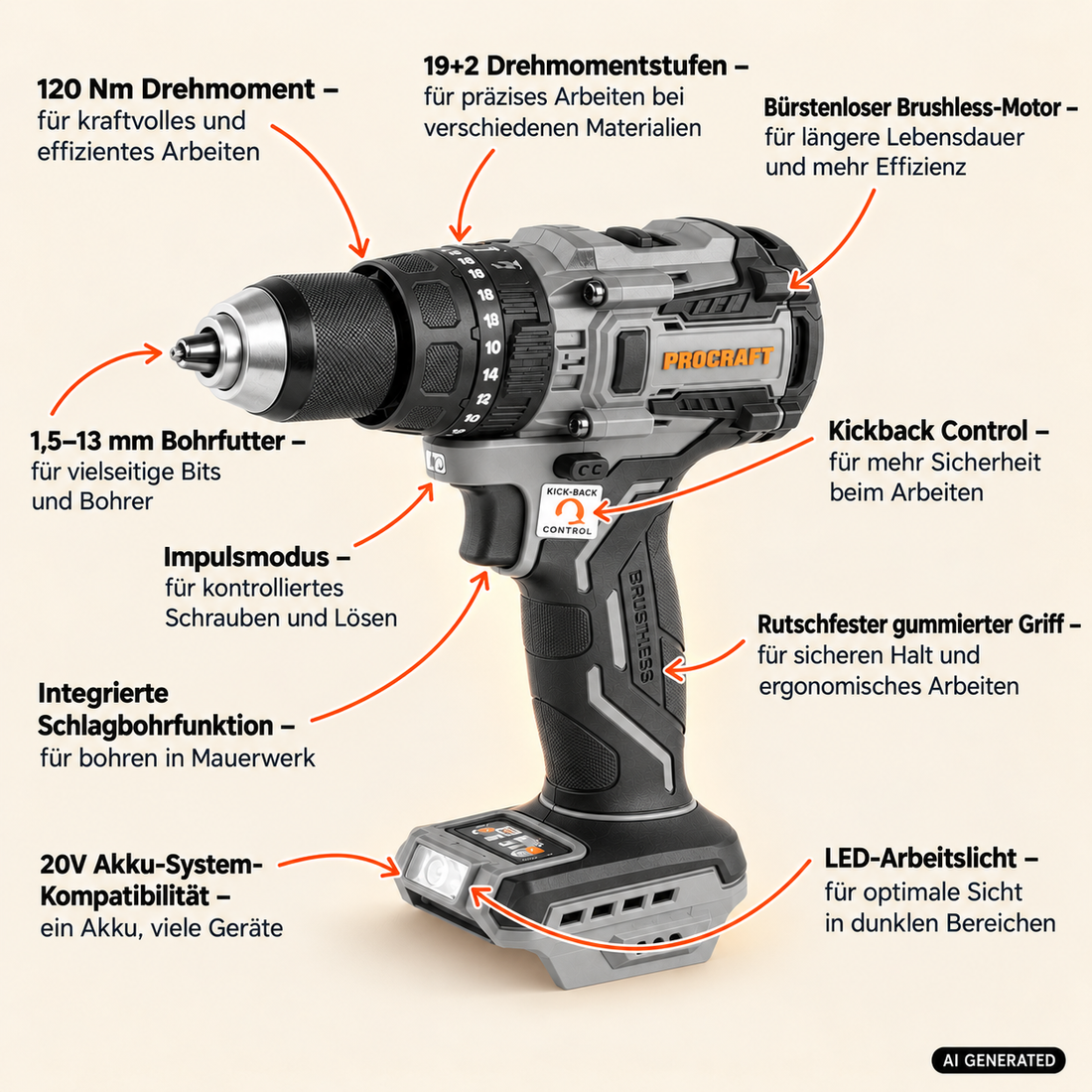 Wkrętarka udarowa akumulatorowa ProCraft Industrial CD20C-BB 20 V 120 Nm Brushless Solo – bez akumulatora, bez ładowarki