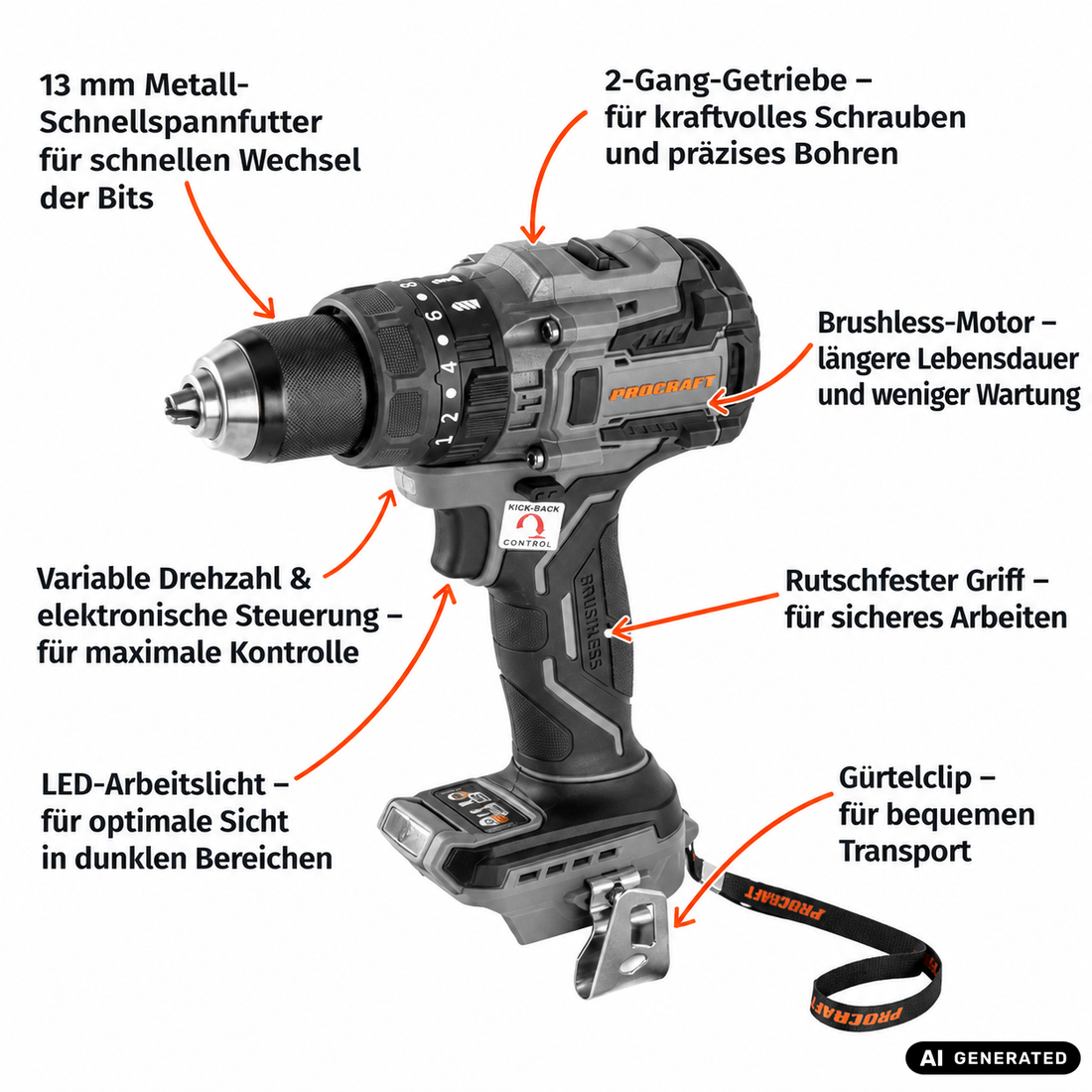 Wiertarko-wkrętarka udarowa Procraft Industrial CD20B-BB 20 V 150 Nm bezszczotkowa Solo – bez akumulatora, bez ładowarki
