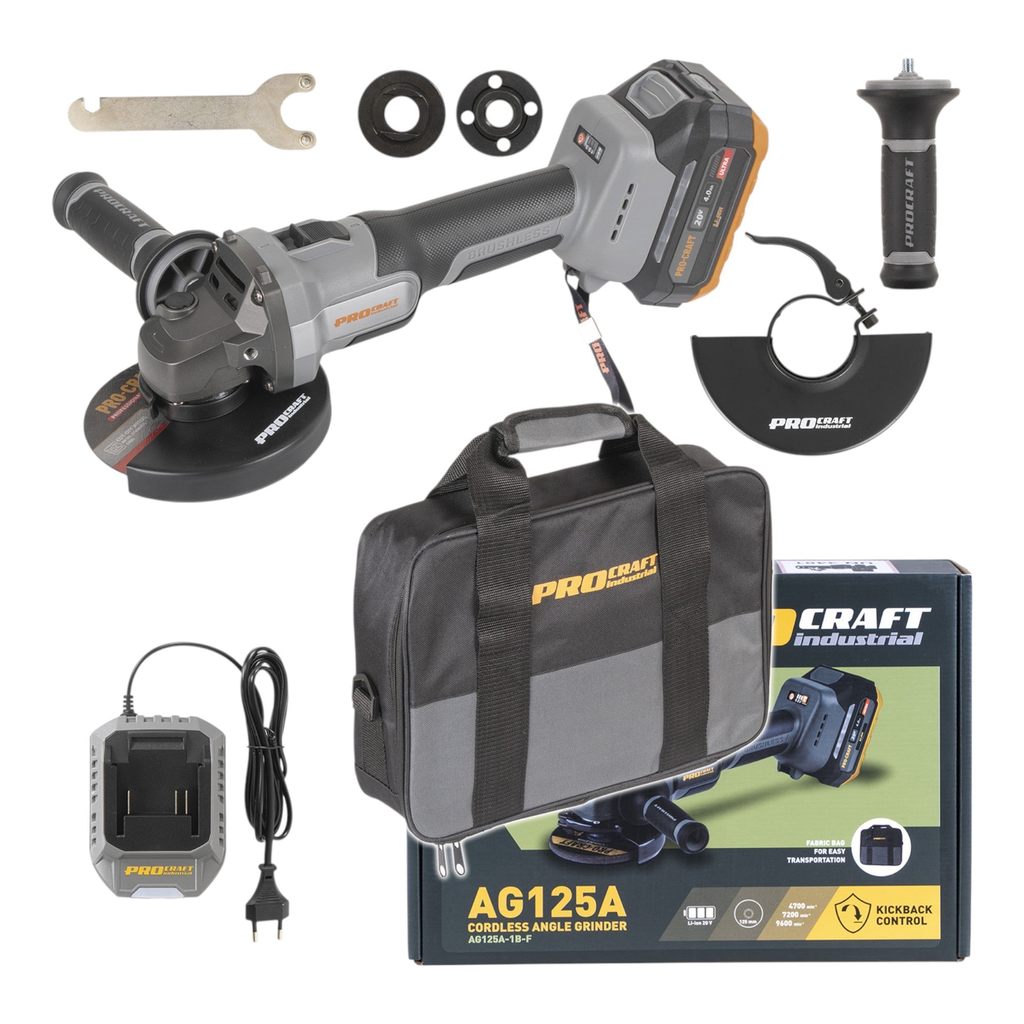 Procraft Industrial AG125A-1B-F Akku Winkelschleifer 20 V 125 mm Brushless + 1x Akku 4,0 Ah + Ladegerät + Tasche