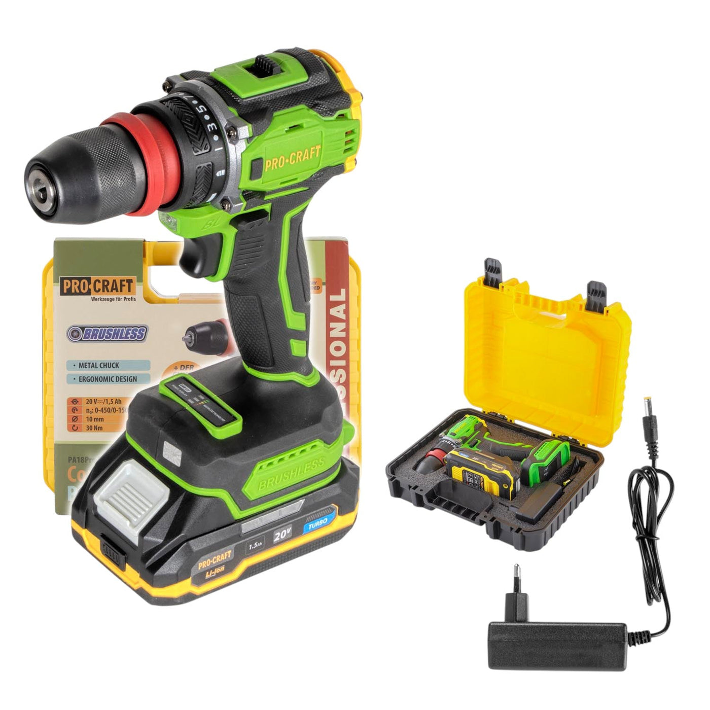 Procraft PA18ProDFR Akku Bohrschrauber 20 V 30 Nm Brushless + 1x Akku 1,5 Ah + Ladegerät + Koffer
