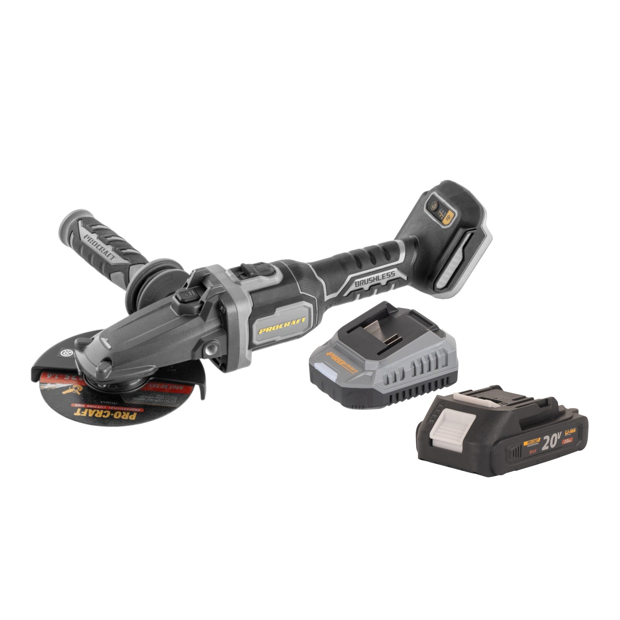 Procraft Industrial AG125Cbb Akku Flachkopf Winkelschleifer 20 V 125 mm Brushless + 1x Akku 2,0 Ah + Ladegerät