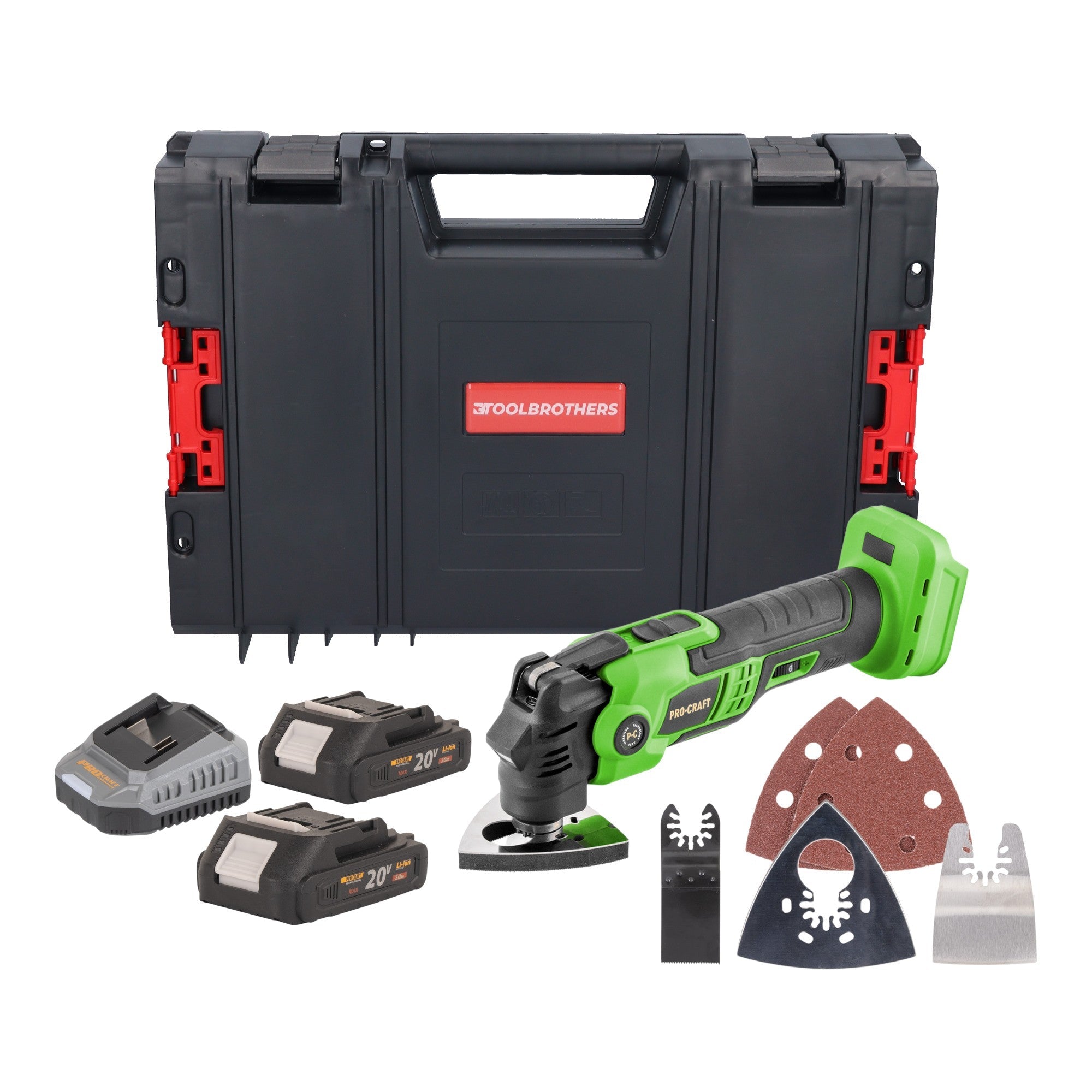 Procraft PMT22bb Akku Multifunktionswerkzeug 20 V Brushless + 2x Akku 2,0 Ah + Ladegerät + RHINO Toolcase