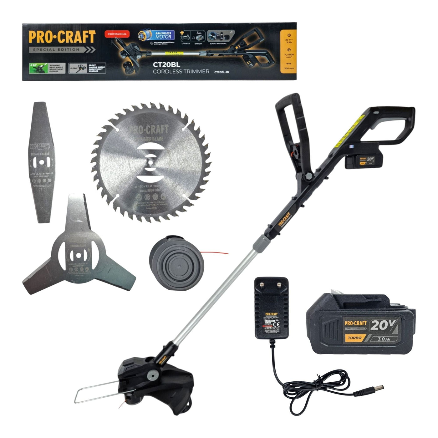Procraft PTA-26BL BLACK EDITION / CT20BL Akku Rasentrimmer 20 V 30 cm Brushless + 1x Akku 3,0 Ah + Ladegerät