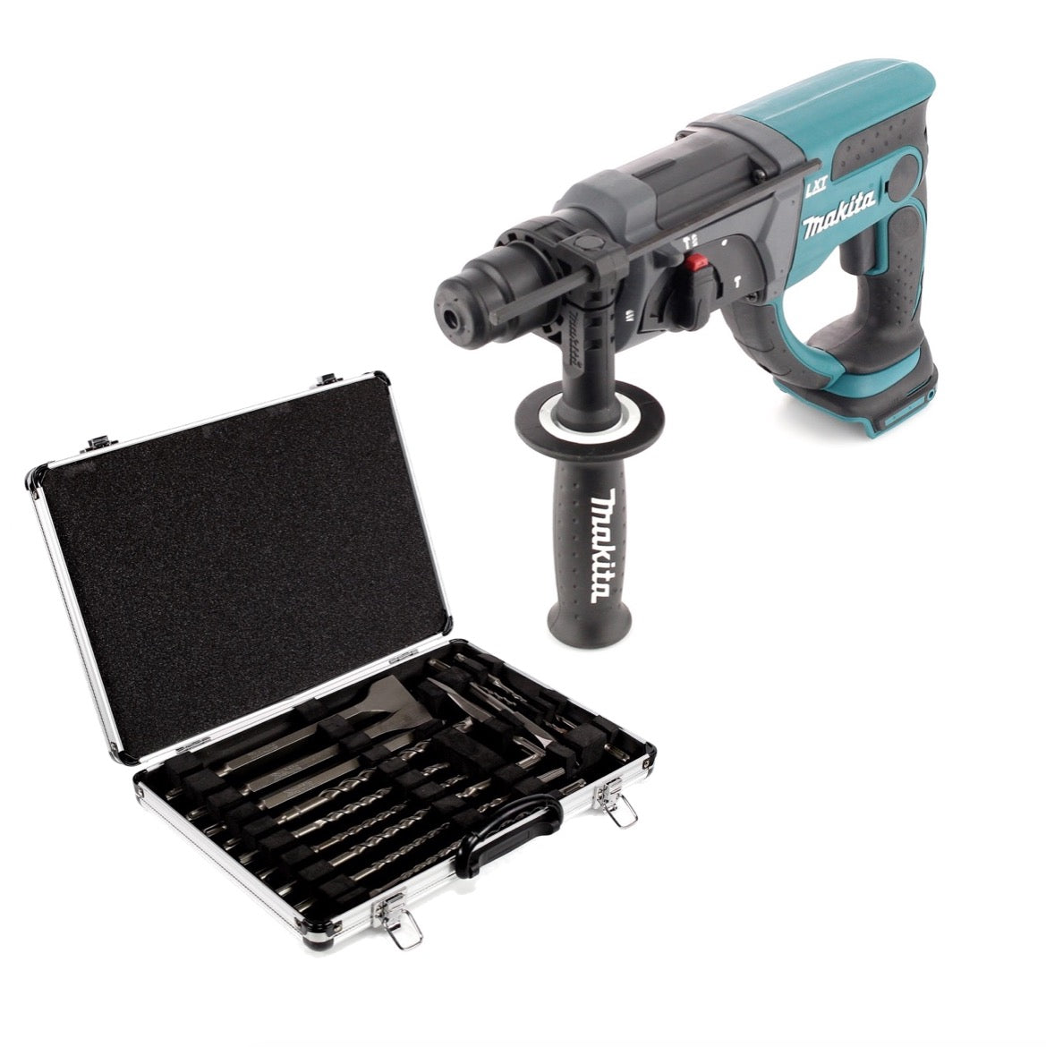 Makita DHR 202 Z 18 V Li-Ion akumulatorowy młot udarowo-obrotowy solo z SDS Plus + D-42444 SDS-Plus zestaw wierteł i dłut 17 szt. w walizce aluminiowej