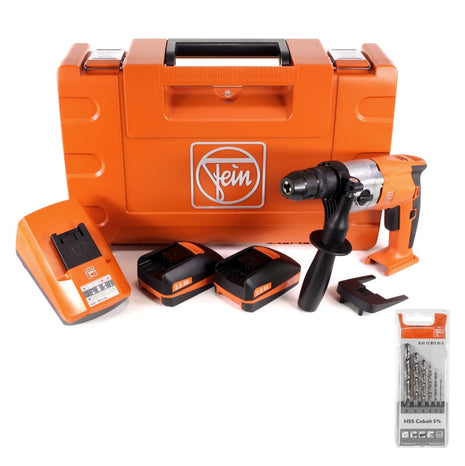 FEIN ABOP 13-2 Brushless 18 V Li-Ion Akku Bohrmaschine mit Metallbohrfutter im Koffer + 2x 2,5 Ah Akku + ALG 50 Ladegerät + 1x HSS Spiralbohrer Set Cobalt 5% 2-8 mm 6-teilig - Toolbrothers