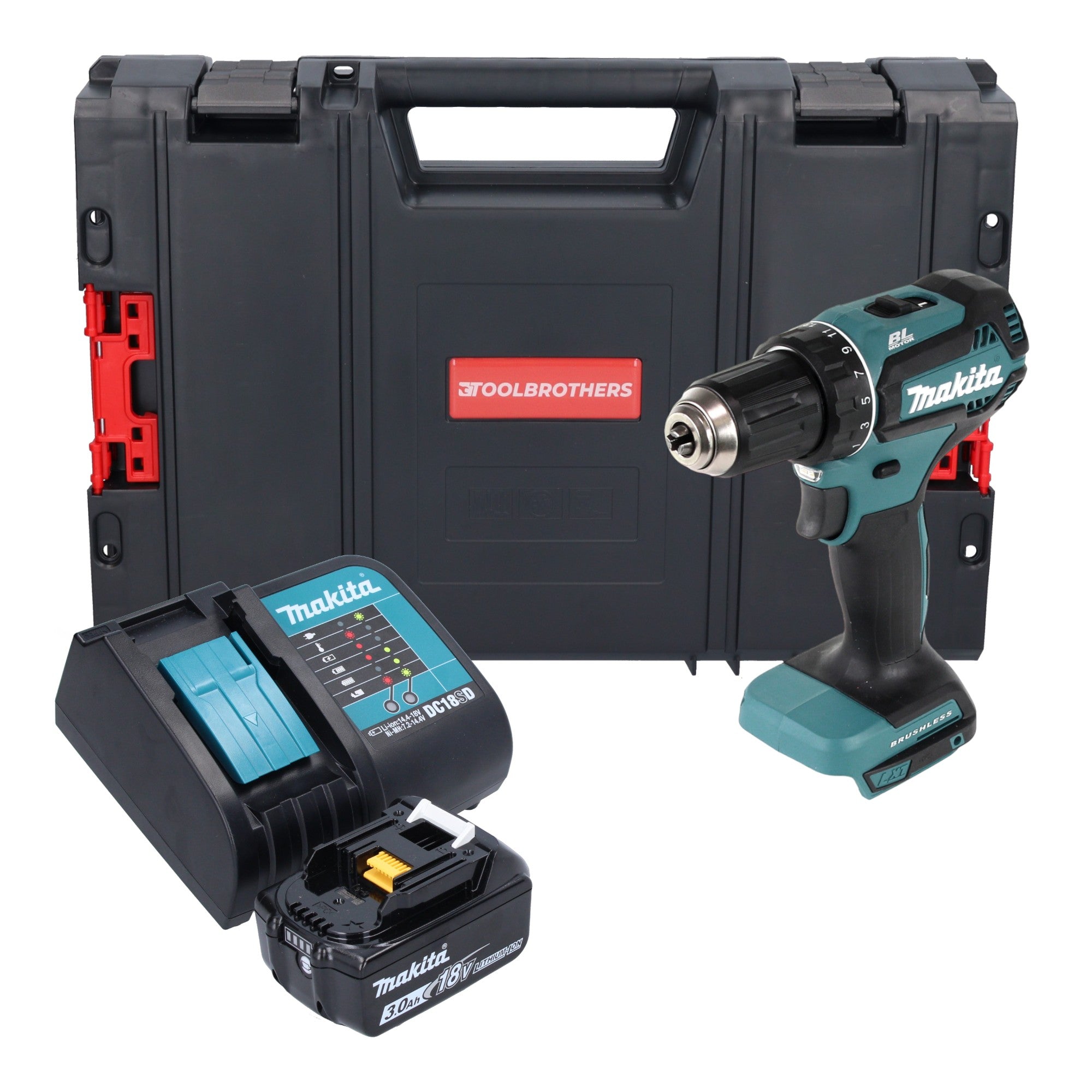 Makita DDF 485 SF1J R Akku Bohrschrauber 18 V 50 Nm Brushless 1x Akku 3 0 Ah Ladegeraet RHINO 0 - toolbrothers