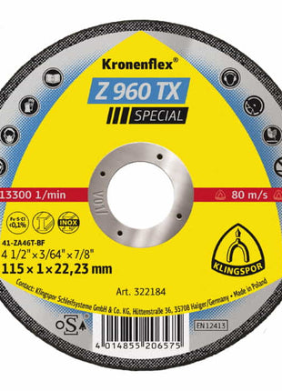 KLINGSPOR Disque à tronçonner Z 960 TX D125x1 mm droit ( 4000841022 )