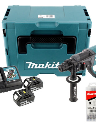 Makita DHR 202 RFJ 18 V Akku Kombihammer SDS-Plus im Makpac + 2x 3,0 Ah Akku + Ladegerät +  5 tlg. Hartmetall Bohrer Set für Mauerwerk und Beton - Toolbrothers