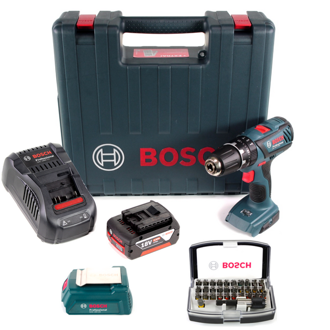 Bosch GSB 18-2-Li Plus Schlagbohrschrauber Professional 18 V im Koffer + 1x GBA 6,0 Ah Akku + Bosch GAL 1880 CV Schnellladegerät + Bosch 32 teiliges Bit Set + Bosch USB Ladegerät Adapter für 18V Akkus - Toolbrothers