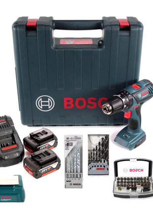 Bosch GSB 18-2-Li Plus Schlagbohrschrauber Professional 18 V im Koffer + 2x GBA 6,0 Ah Akku + Schnellladegerät + 32 tlg. Bit Set + 5 tlg Steinbohrer Set + 7 tlg. Holzbohrer Set  + USB Adapter - Toolbrothers