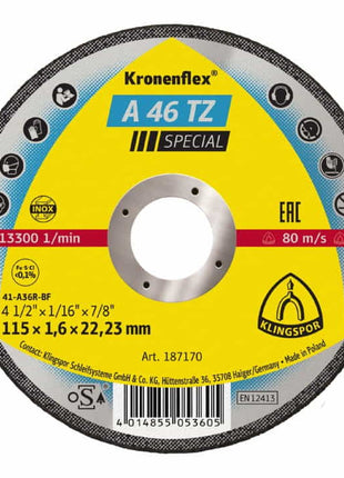 KLINGSPOR Disque à tronçonner A 46 TZ Special D115x1,6 mm droit ( 4000841482 )