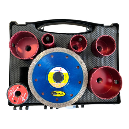 Marcrist kompletny zestaw do płytek 125 mm + 1x przecinarka do płytek + 5x wiertła do płytek + 10x tarcza tnąca ze stali nierdzewnej + 1x kołnierz szybkowymienny ( 3999.101.354 ) + walizka