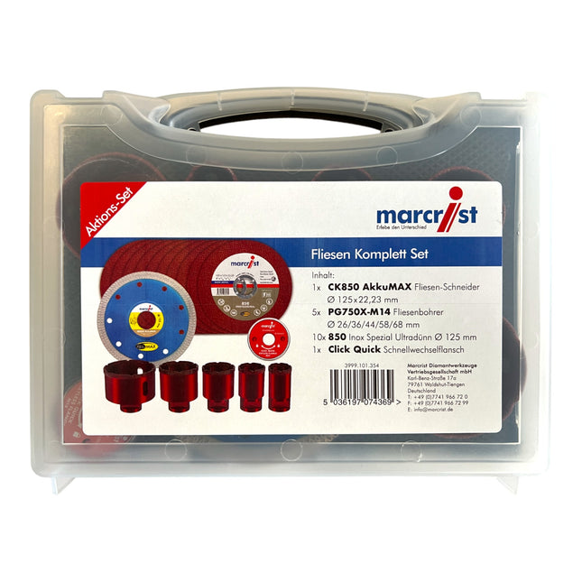 Marcrist kompletny zestaw do płytek 125 mm + 1x przecinarka do płytek + 5x wiertła do płytek + 10x tarcza tnąca ze stali nierdzewnej + 1x kołnierz szybkowymienny ( 3999.101.354 ) + walizka