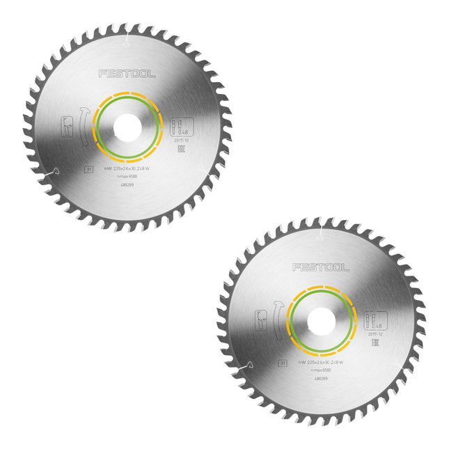 Festool HW 225x2,6x30 W48 piła tarczowa WOOD FINE CUT 2 szt. ( 2x 488289 ) 225 x 2,6 x 30 mm 48 zębów do płyt stolarskich, sklejki, płyt multipleksowych, szkła akrylowego, MDF