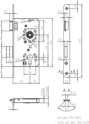 SSF Zamek wpuszczany PZW 20/ 55/72/8 mm DIN prawy ( 3000251015 )